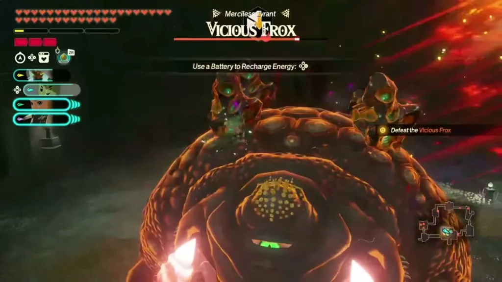 The Vicious Frox glows orange as the party charges its attack with a battery