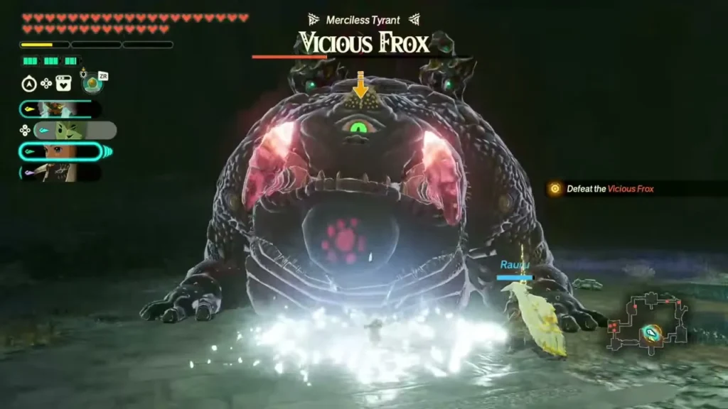 The Vicious Frox rears up from a burst of white sparks while Rauru fights in the Depths