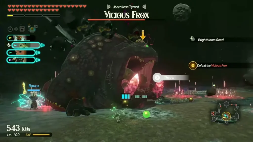 The Vicious Frox opens its huge mouth while Rauru and Calamo attack in the Depths