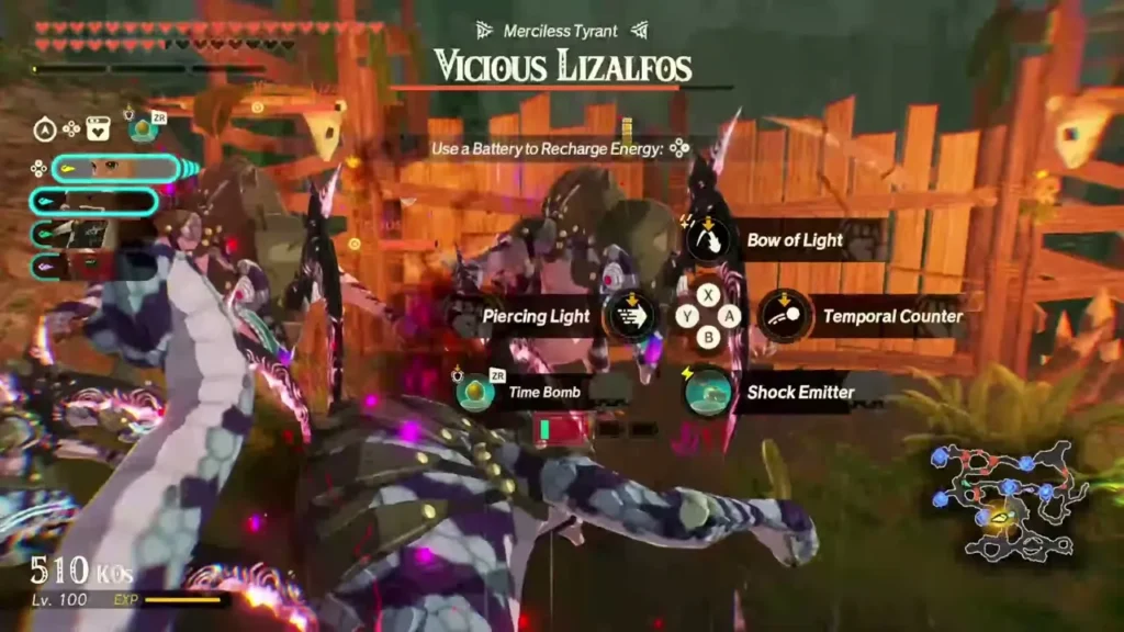 The Vicious Lizalfos lunges at the party beside a wooden Damel Forest outpost