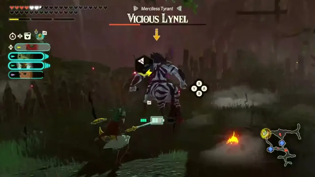 A Vicious Lynel with its Merciless Tyrant name bar attacks in the dark Necluda forest