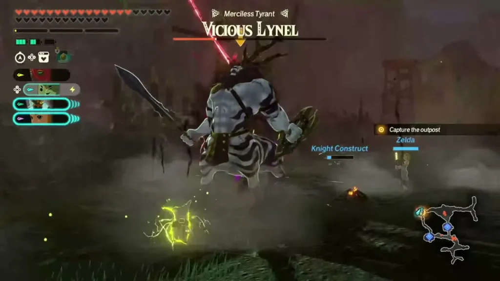 A Vicious Lynel with its name bar raises its sword in the misty forests of Necluda