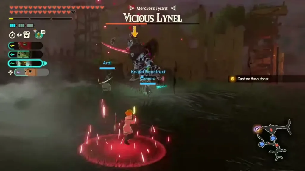 Zelda stands in a red warning circle as the Vicious Lynel lunges from the outpost gate