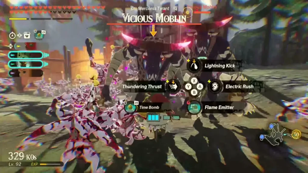 A Vicious Moblin with its Merciless Tyrant name bar charges through a horde in the Lanayru grasslands
