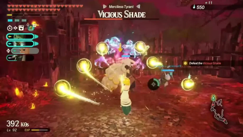 Zelda's party swarms the Vicious Shade with glowing arrows in the red-lit Central Hyrule battlefield