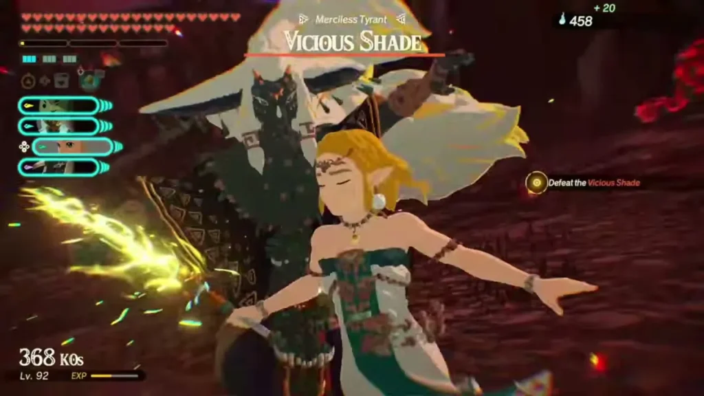 Zelda and Rauru fight the Vicious Shade, shown with its Merciless Tyrant name bar