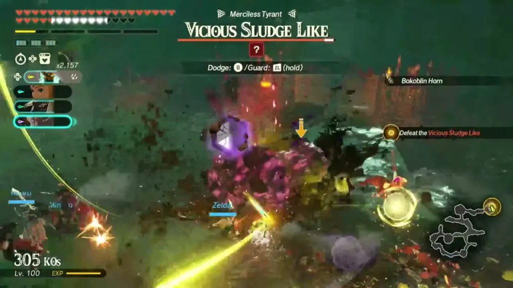 The party battles the Vicious Sludge Like amid a cloud of Bokoblin debris