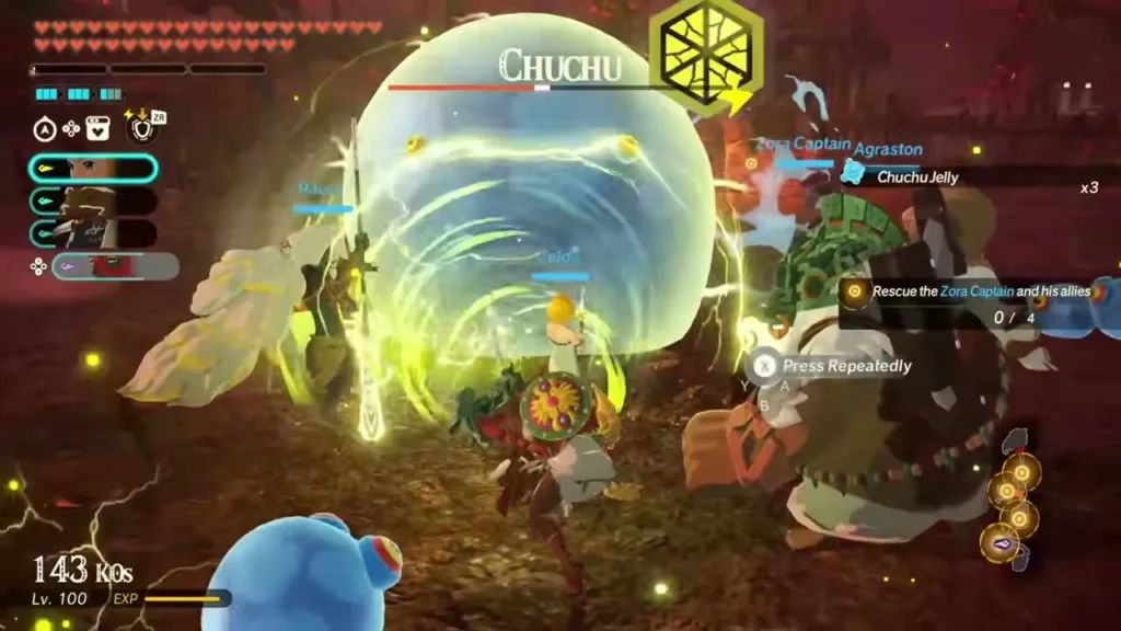 Zelda and Ardi fight a Chuchu to rescue the Zora Captain on North Hyrule Field