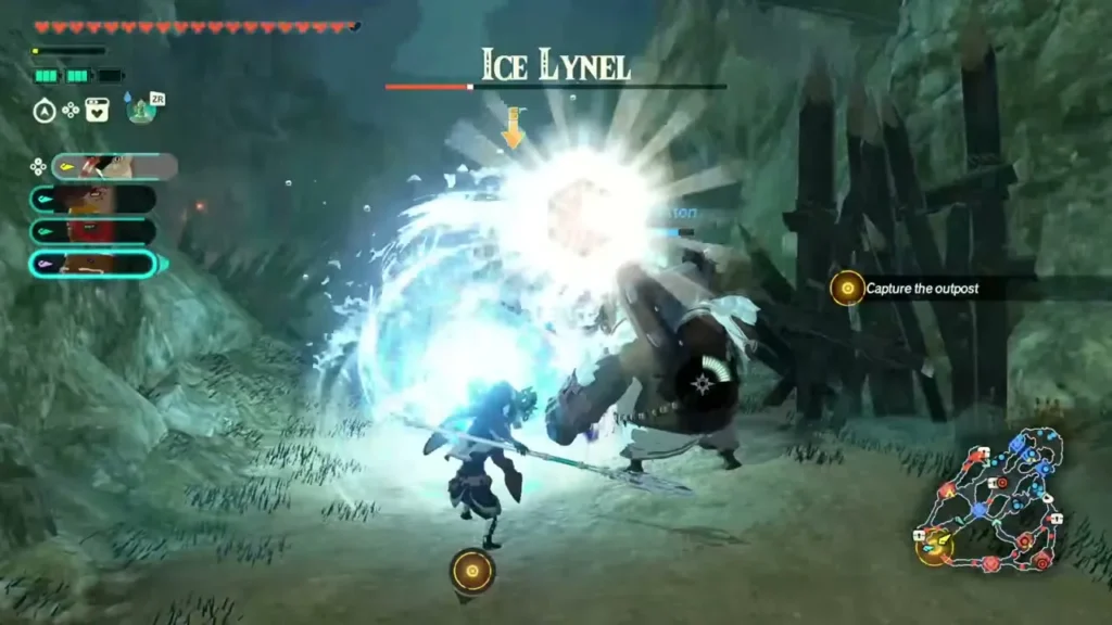 A sage bursts ice magic against the Ice Lynel beside the outpost A sage bursts ice magic against the Ice Lynel beside the outpost
