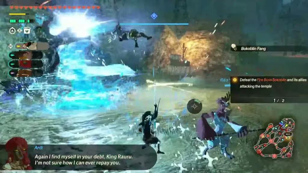 Ardi speaks to Rauru as the party fights alongside a water Zonai effect Ardi speaks to Rauru as the party fights alongside a water Zonai effect