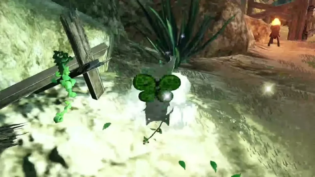 A clover-shaped Korok sprouts beside a wooden cross fence post A clover-shaped Korok sprouts beside a wooden cross fence post