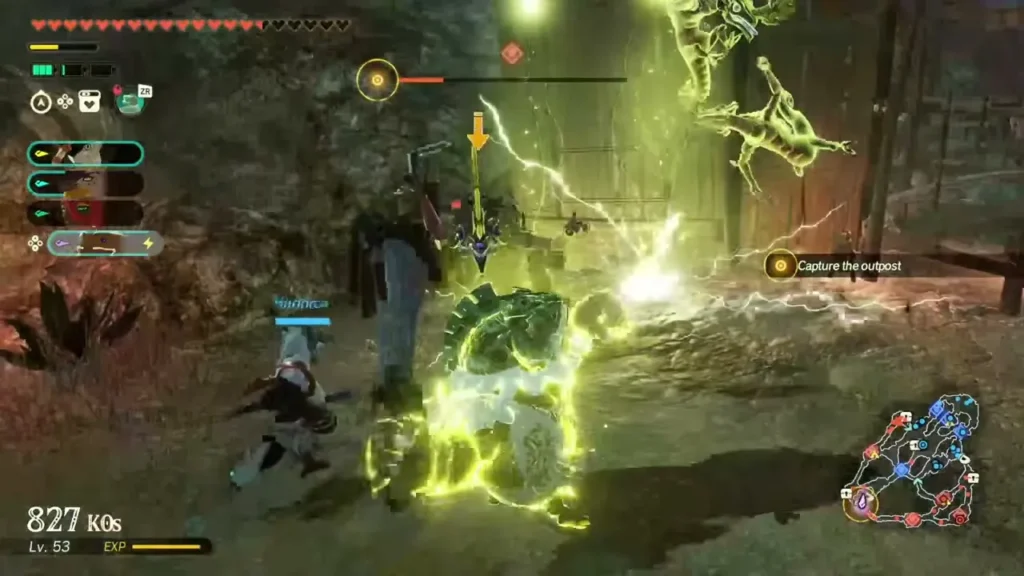 Lightning flashes as the party fights a large monster beside the outpost gate Lightning flashes as the party fights a large monster beside the outpost gate