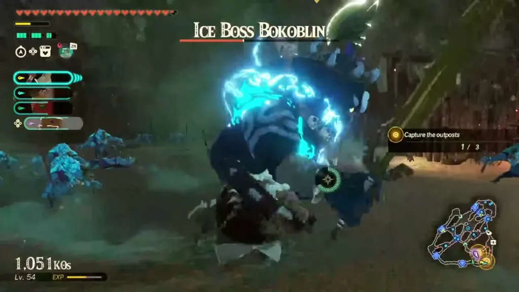 The party battles an Ice Boss Bokoblin inside the cave The party battles an Ice Boss Bokoblin inside the cave