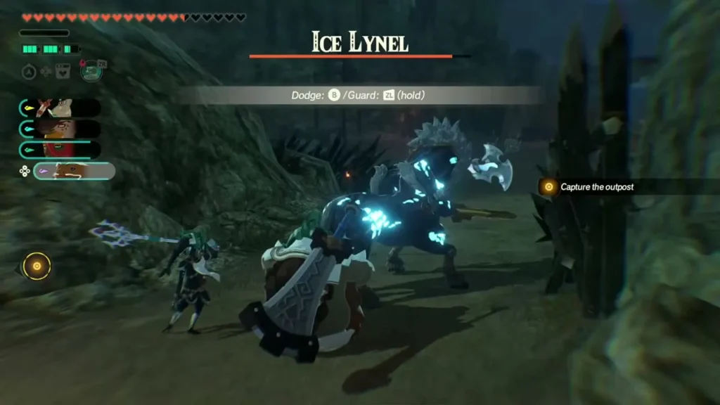 The party faces an Ice Lynel at the gate of an enemy outpost The party faces an Ice Lynel at the gate of an enemy outpost