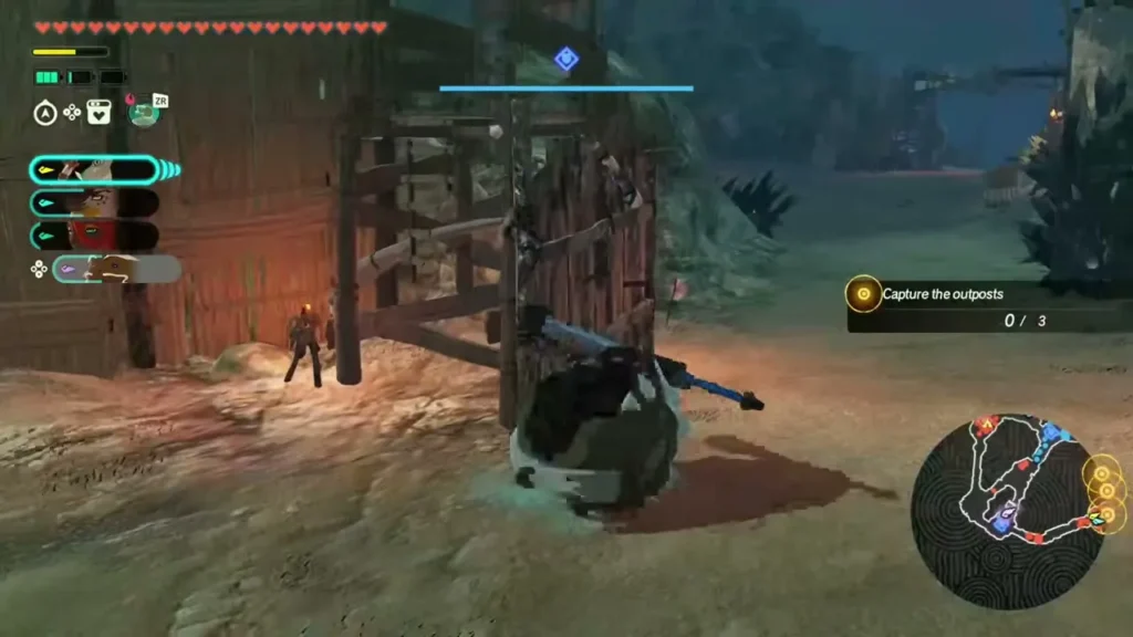 A sage approaches the wooden gate of an outpost under a torch A sage approaches the wooden gate of an outpost under a torch