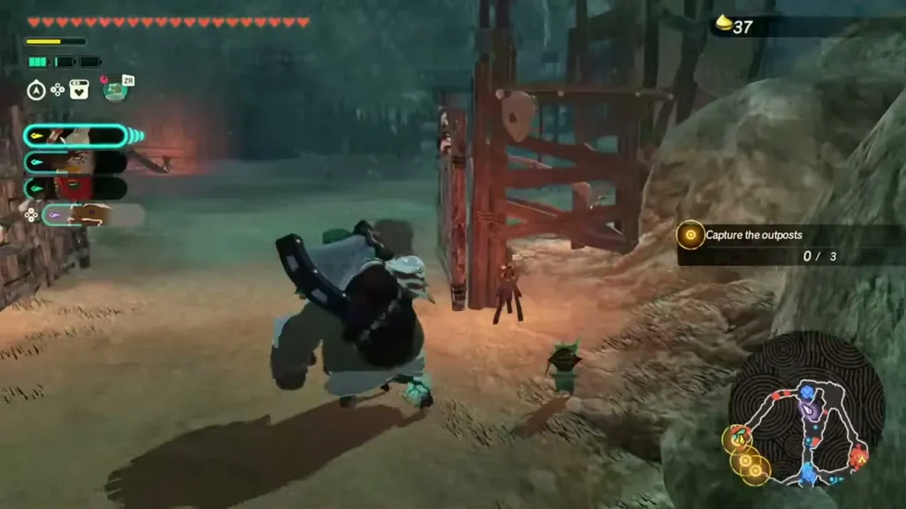 A sage heads on past the gate as the Korok seed counter reaches 37 A sage heads on past the gate as the Korok seed counter reaches 37