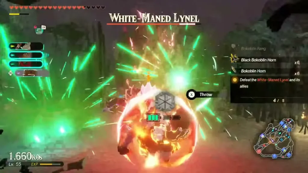 The party battles the White-Maned Lynel with four of five enemies down The party battles the White-Maned Lynel with four of five enemies down