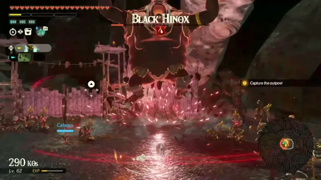 A Black Hinox slams the ground sending red shockwaves across the outpost
