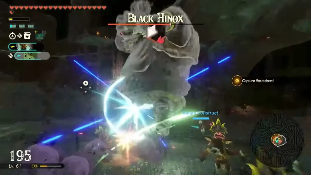 The Knight Construct's light-blue strikes hit a Black Hinox at the outpost
