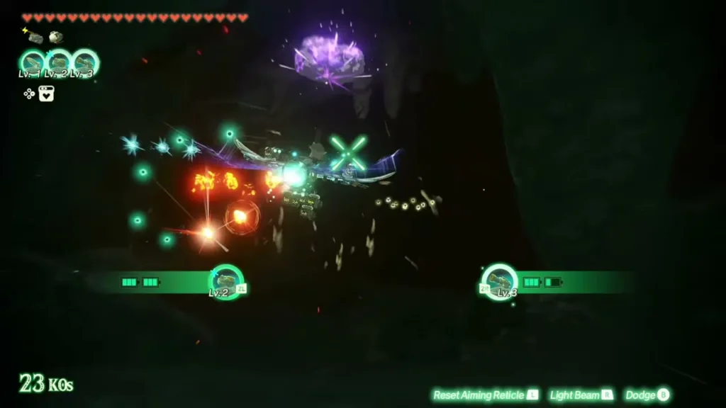 Three flight devices fire at a swarm of cave enemies and a purple growth