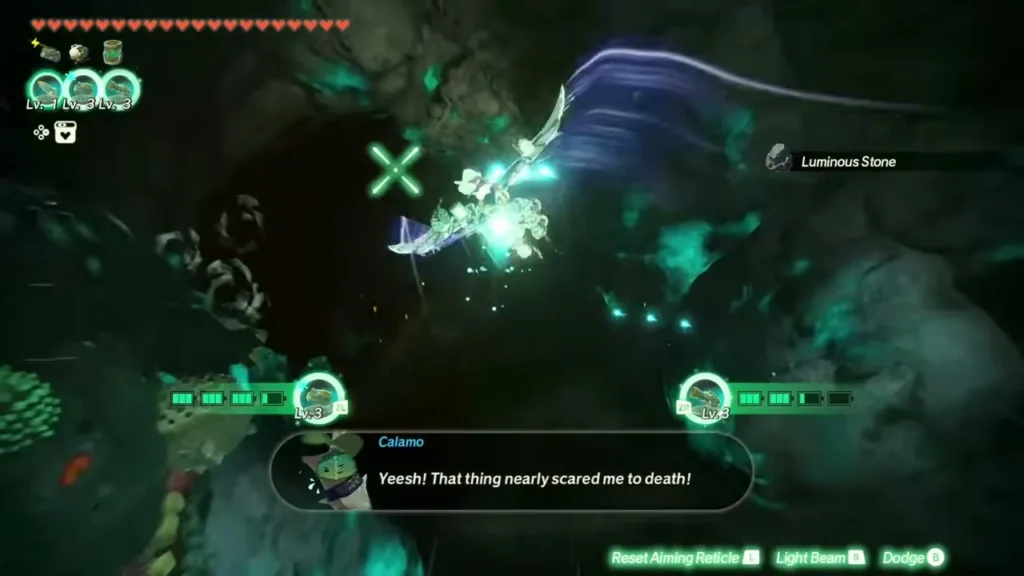 The Construct swerves past a threat clinging to the cave wall as Calamo gasps