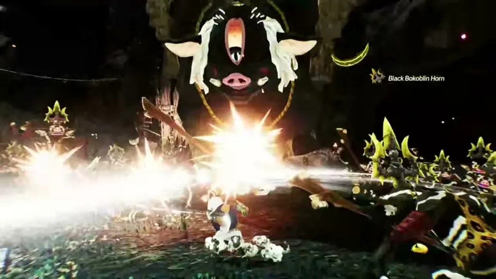 A Zonai beam blasts the Black Hinox as it rears up amid the horde