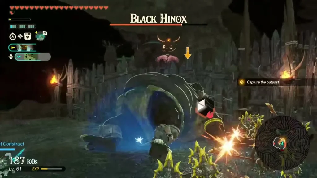 A Zonai device attack staggers the Black Hinox as Calamo fights nearby