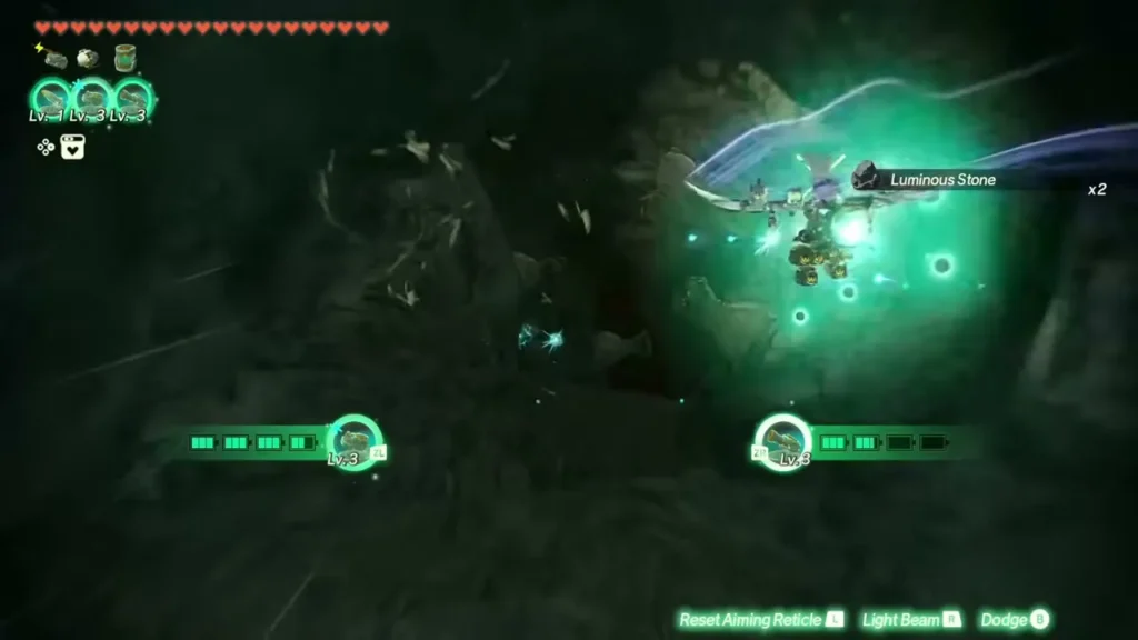 Luminous Stone x2 appears as the Construct flies through green sparks in the cavern