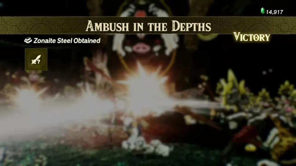 Victory screen showing Zonaite Steel obtained