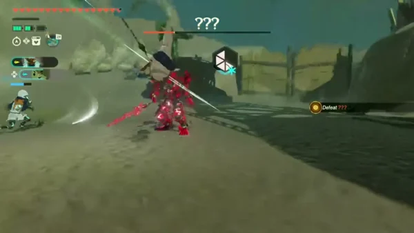 The boss health bar reads three question marks as the corrupted construct swings its spear