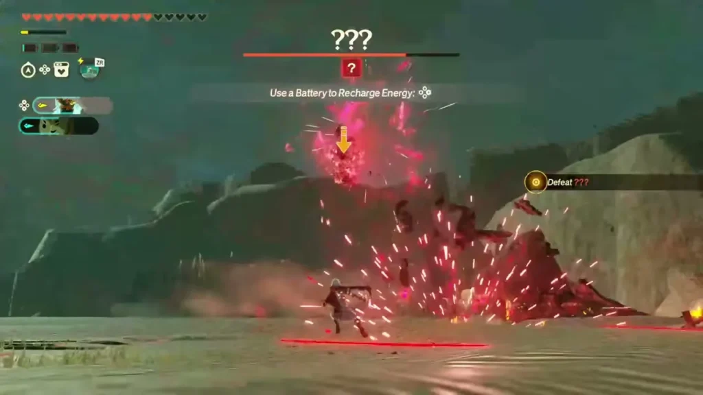 The boss smashes the ground and sends red sparks and debris flying
