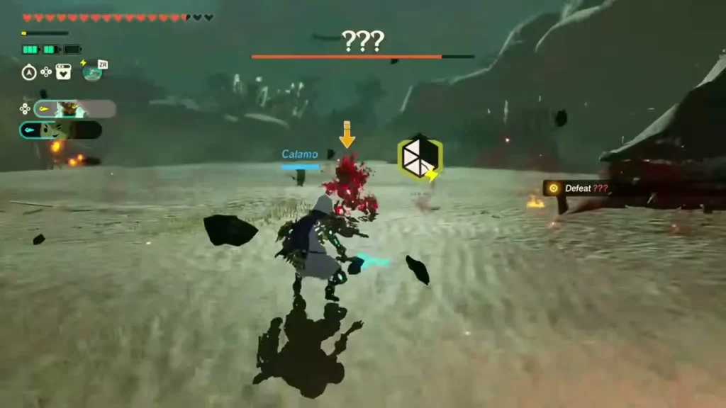 The Construct and Calamo fight the boss up close as rocks fly