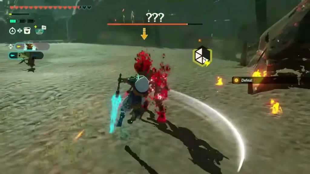 The Construct strikes the boss with a sweeping blade slash