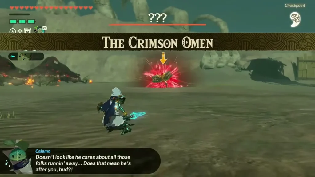 The Crimson Omen title appears as a red corrupted construct waits ahead of Calamo and the Construct