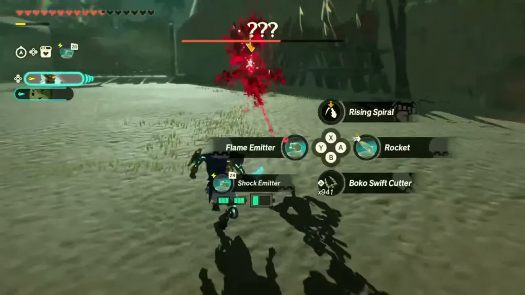 The Zonai device wheel shows Flame Emitter, Rocket and Shock Emitter against the red Construct