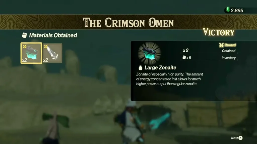 The Materials Obtained screen shows two Large Zonaite