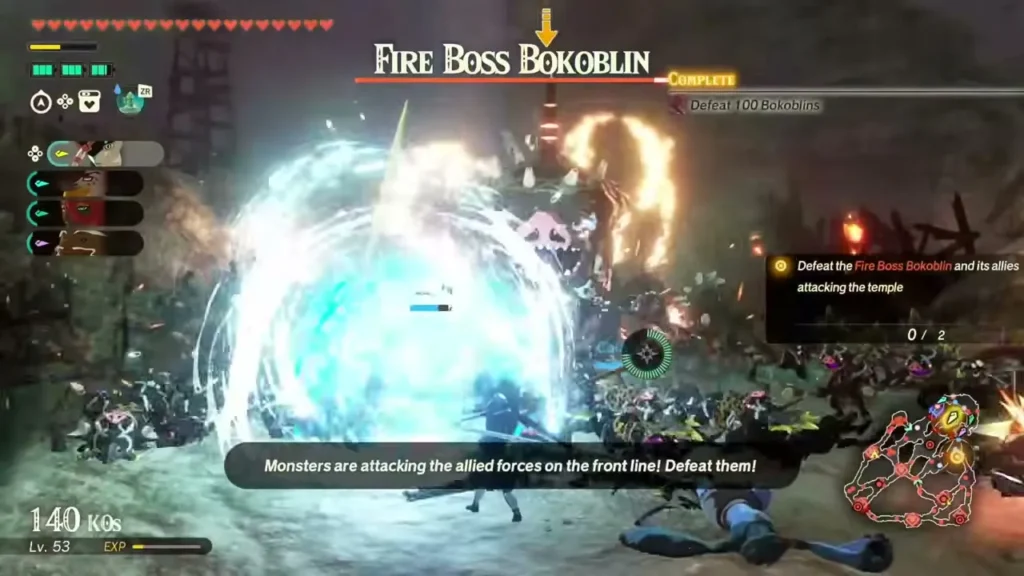 A Fire Boss Bokoblin faces a water shield barrier at the temple siege