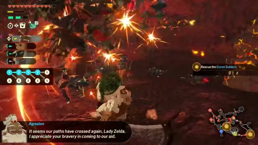 Agraston swings his fire-wreathed strong attack into monsters as he thanks Zelda for helping