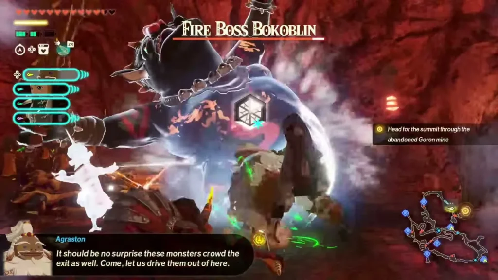 Agraston and the party battle a Fire Boss Bokoblin at the mine exit