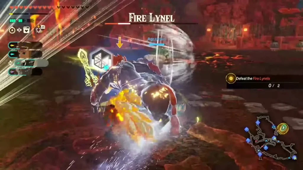 A Fire Lynel is staggered and its weak point is exposed