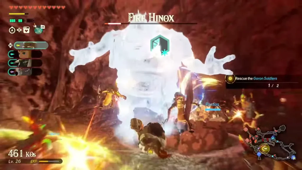 The Fire Hinox is frozen solid in ice while the party closes in