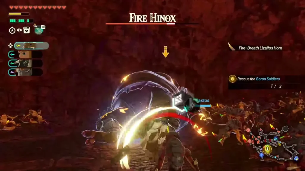 A heavy strike lands on the Fire Hinox with one Goron group rescued