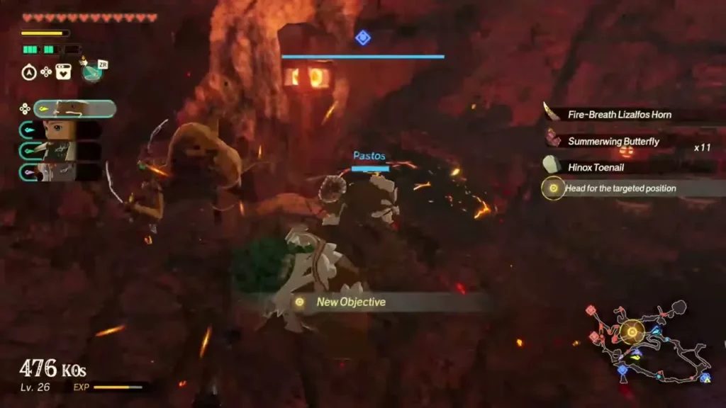 A New Objective banner follows the Hinox kill, pointing to the targeted position
