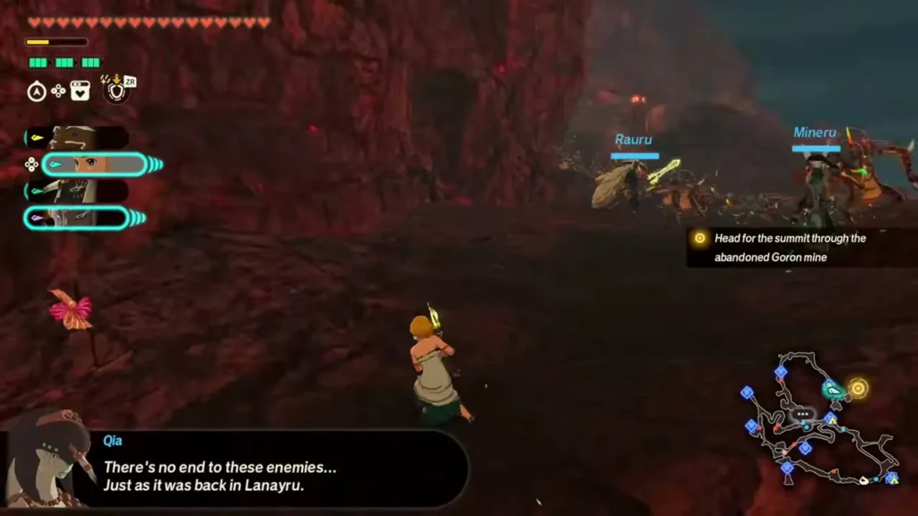 Zelda walks past a red pinwheel beyond the mine outpost while Qia talks about the endless enemies