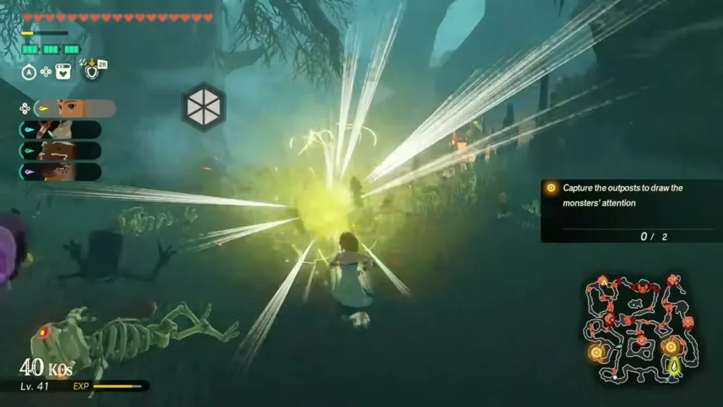 A burst of light scatters skeleton monsters in the mist of the Great Hyrule Forest