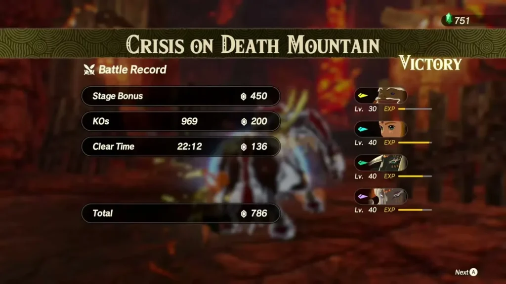 The Victory battle record for Crisis on Death Mountain shows a total of 786