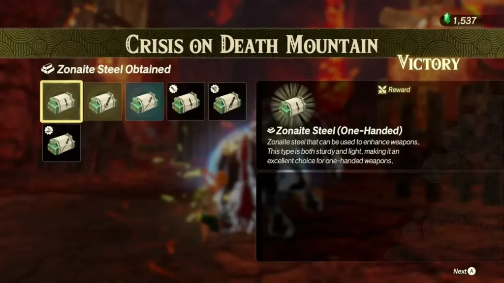 Zonaite Steel is listed among the rewards