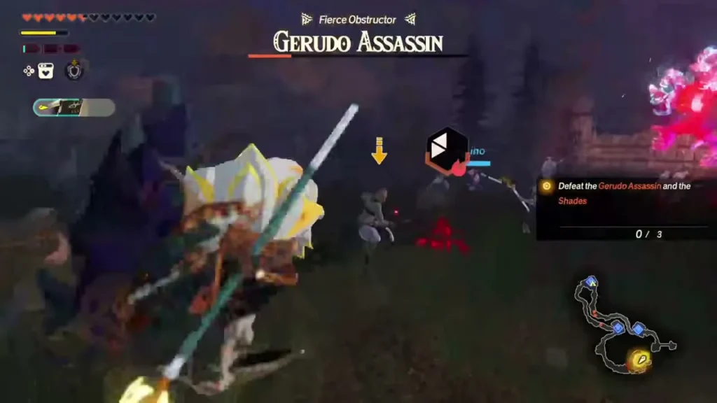 Rauru fights the Gerudo Assassin with the 0/3 objective shown