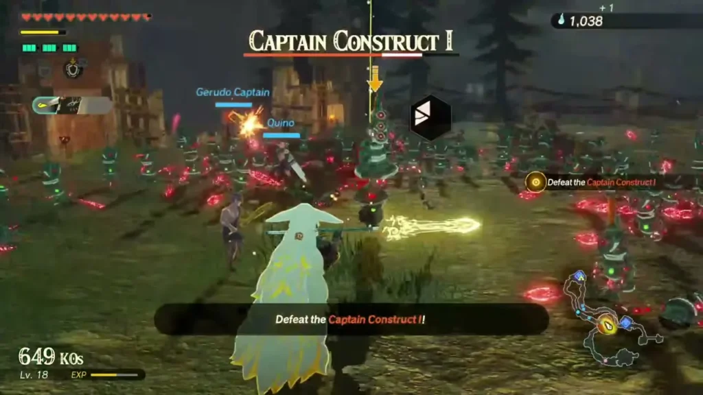 Rauru faces Captain Construct I amid a horde of constructs with Quino and the Gerudo Captain