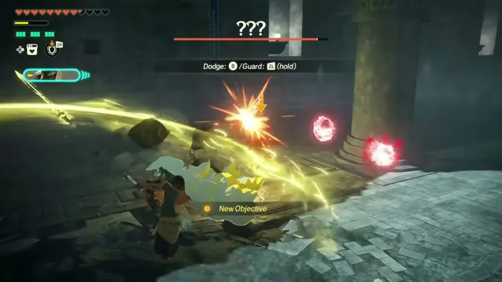 Rauru fights the corrupted construct with a dodge prompt and red orbs in the hall